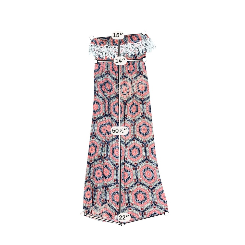 Trixxi Strapless Maxi Dress Geometric Medallion Crochet Lace Smocked Waist - Picture 6 of 7